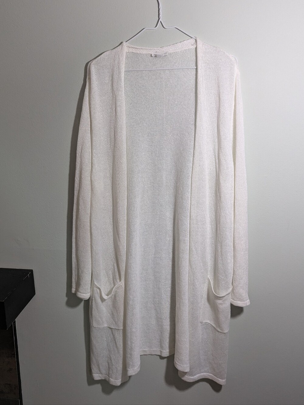 J.Jill Women's XL Linen Open Blend Long Duster Cardigan Pockets White Sheer Knit